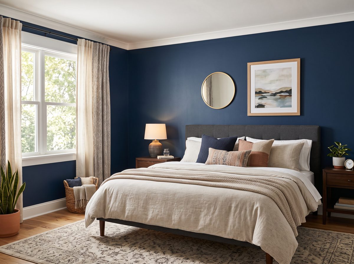 Bedroom with freshly painted navy accent wall
