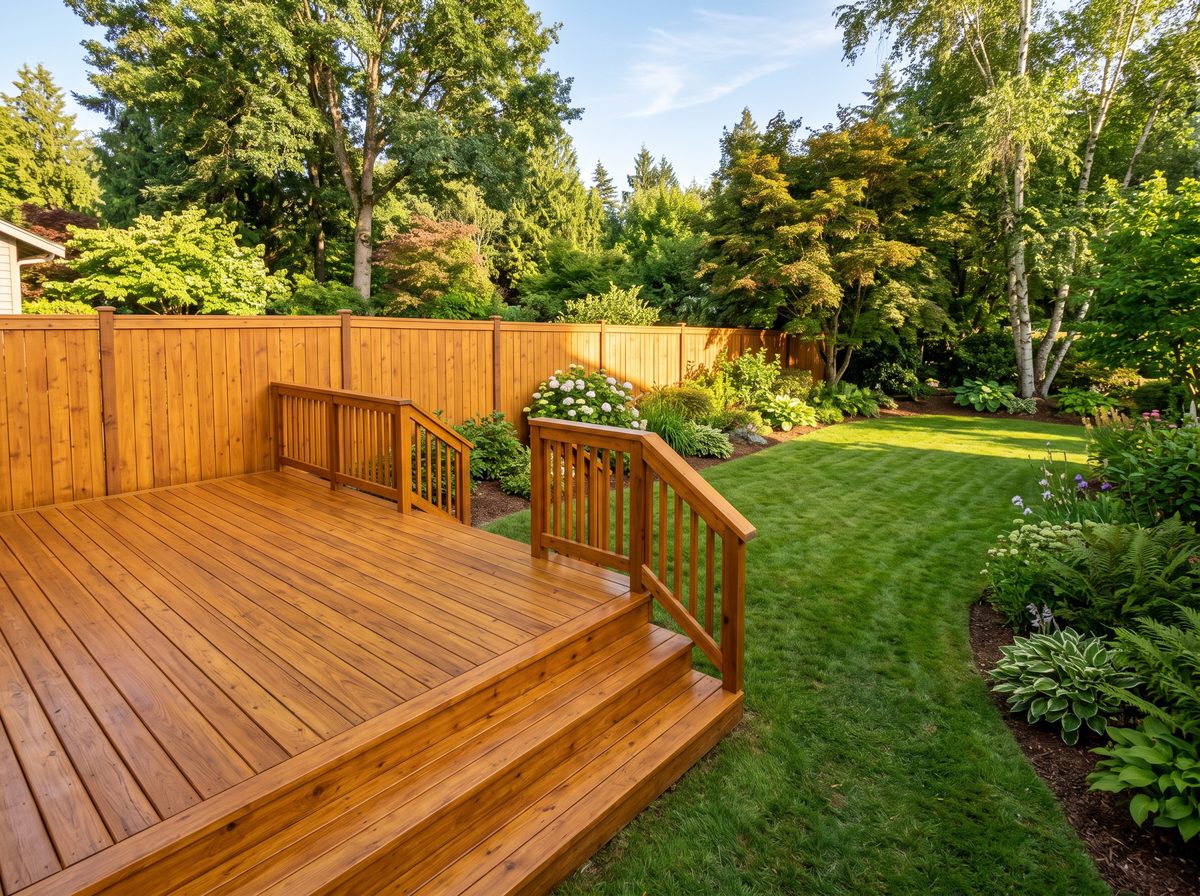 Deck and fence staining in Madison, WI — freshly stained backyard deck and fence