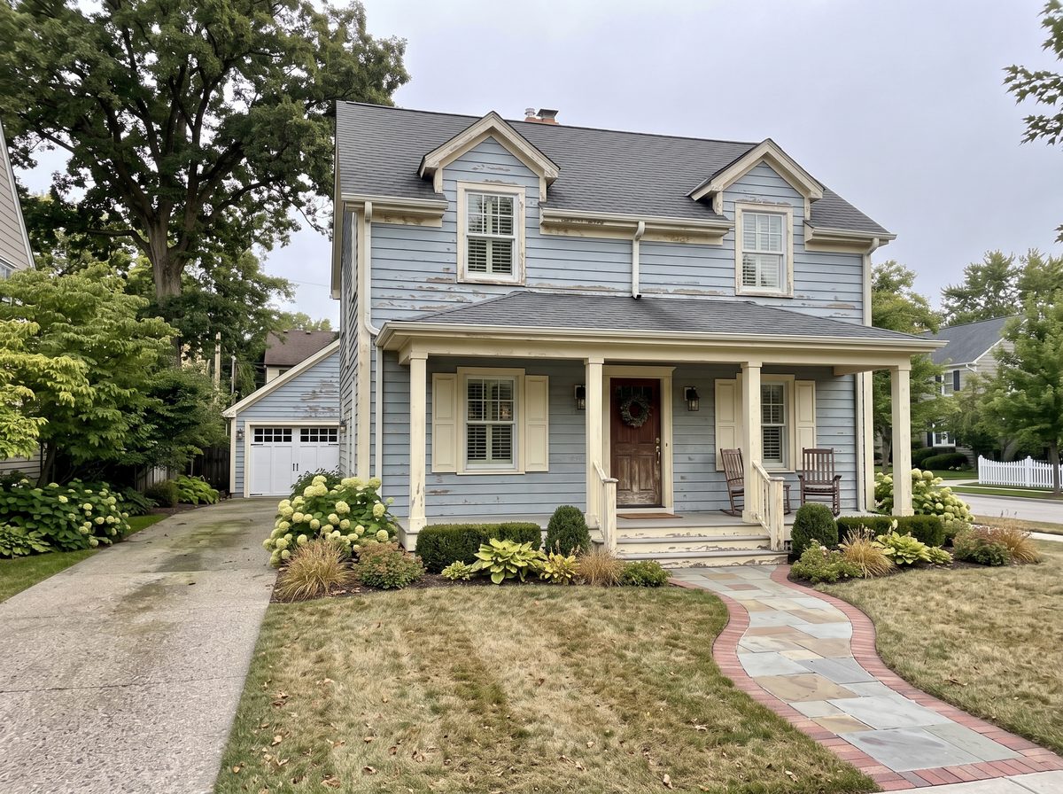 Same home exterior before painting, faded and weathered