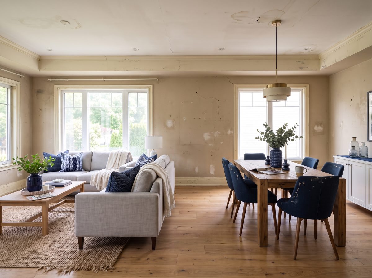Same living room before painting, worn and dated