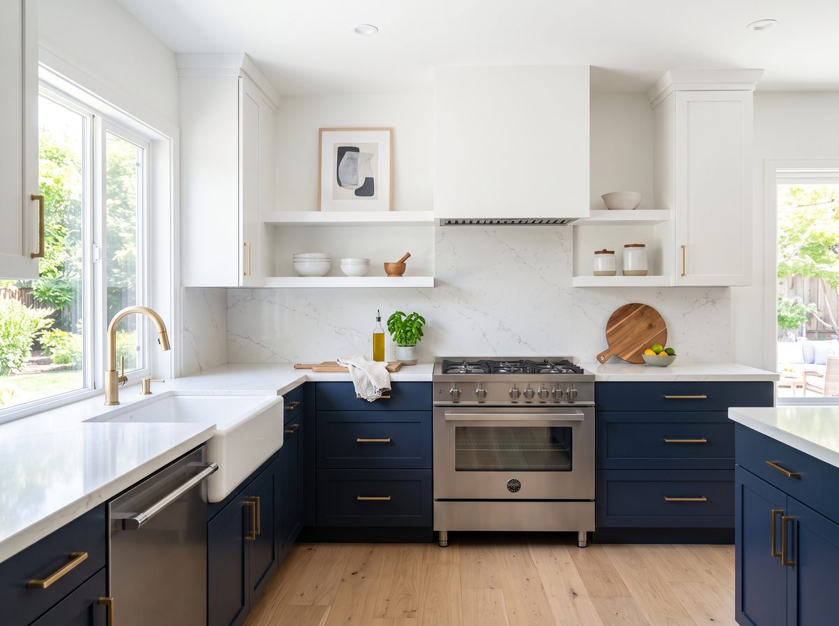 Kitchen with freshly painted navy and white cabinets