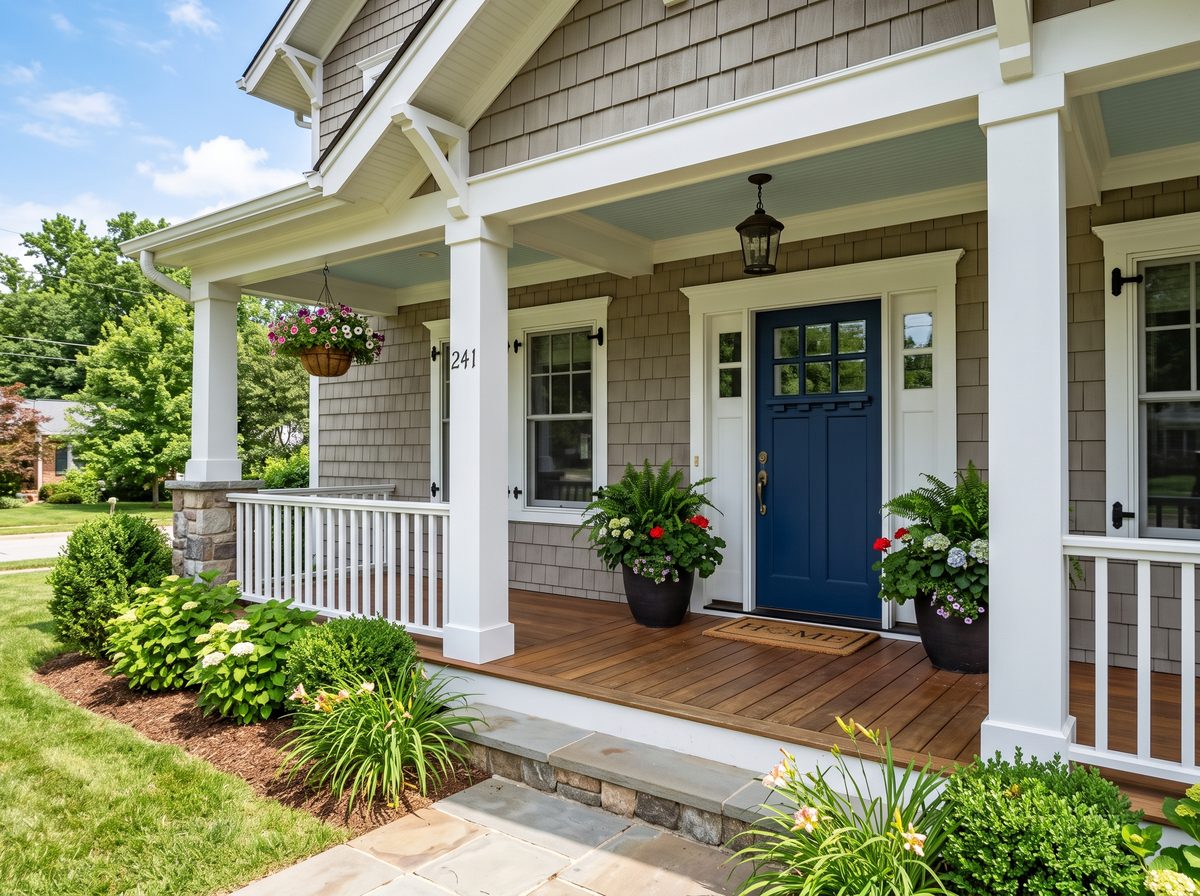 Exterior house painting in Madison, WI — craftsman porch with a freshly painted navy front door